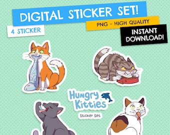 Hungry Kitties - 4 Sticker Set PNG (Digital DOWNLOAD)