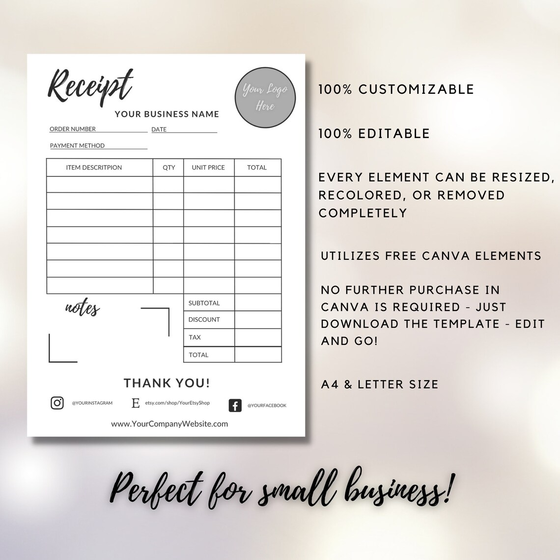 Canva Receipt Template Small Business Printable & Customizable Receipt Canva Receipt Template Small Business Printable & Customizable Receipt