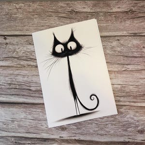 Whimsical Thin Cat Sketch – Funny Minimalist Cat Illustration, Blank Inside, Perfect for Any Occasion or Cat Lover Gift