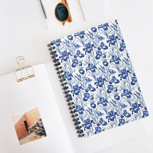 Blue Iris Spiral Notebook Cottagecore Floral Journal Aesthetic Botanical Notepad – 6x8 Ruled Paper For School or A Gift