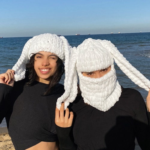Hand Knitted Balaclava With Bunny Ears Crochet Face Ski Mask Etsy