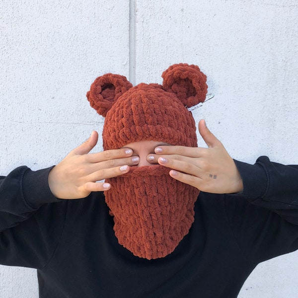 Handmade Knitted Balaclava With Bear Ears , Crochet Balaclava, Halloween Animal Ears Ski Mask Balaclava