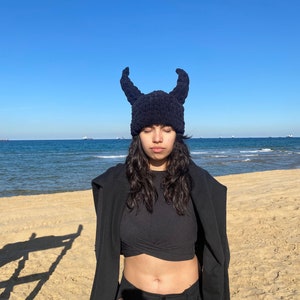 Handmade Knitted Crochet Beanie With Devil Horns, Winter Hat With Animal Horns, Maleficant Cosplay