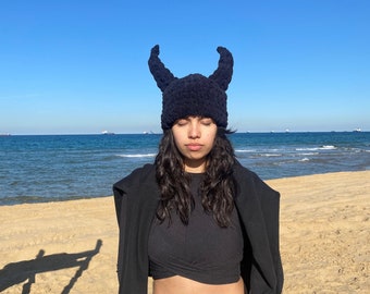 Handmade Knitted Crochet Beanie With Devil Horns, Winter Hat With Animal Horns, Maleficant Cosplay