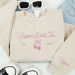 Embroidered Custom Cherry Sorority Sweatshirt, Sigma Delta Tau Bow Shirt, Big Little Gift, Greek Life Sweatshirt, Custom Sorority Crewneck