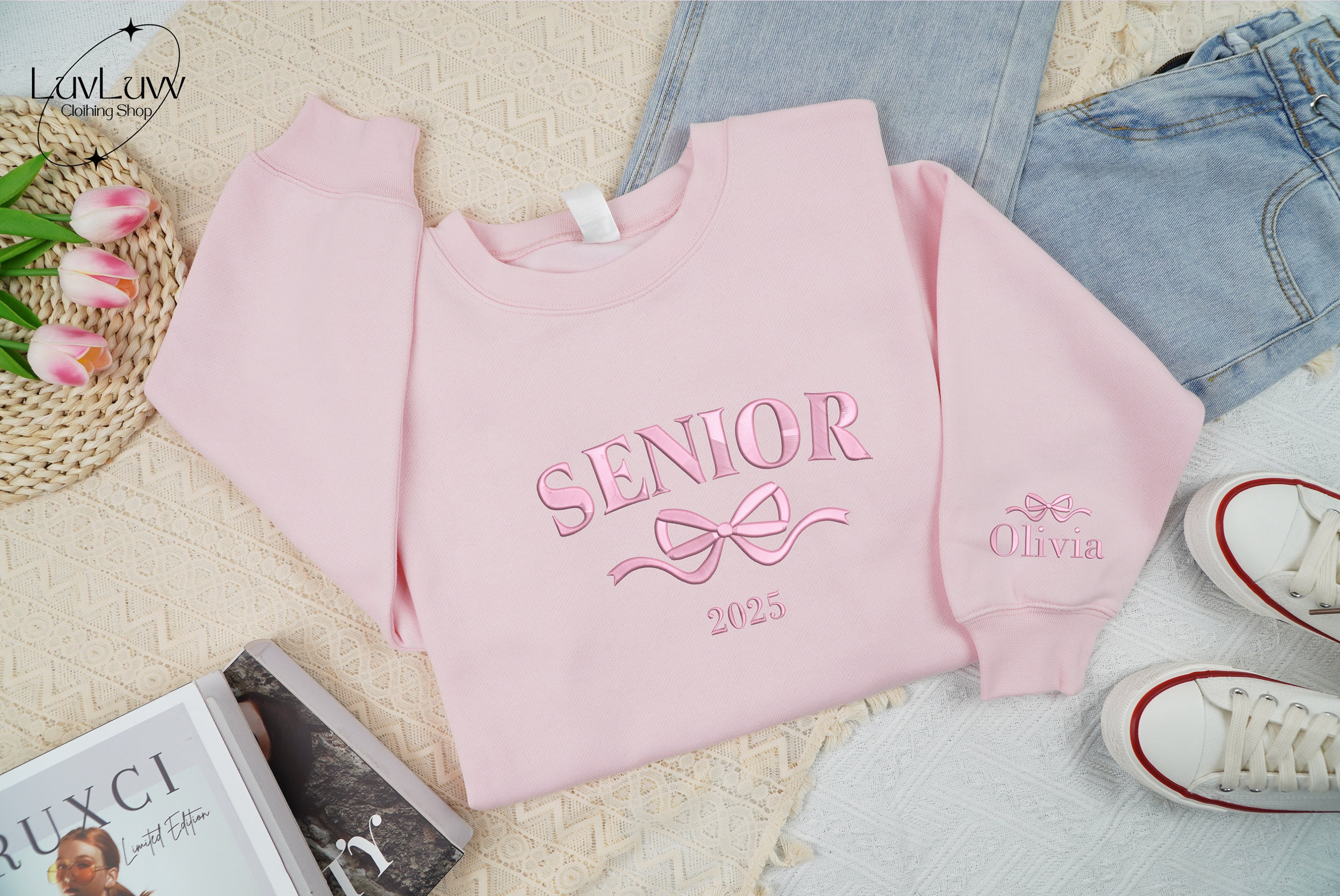 Embroidered Personalized Senior Coquette Bow Sweatshirt, Custom Graduation Sweatshirt, Class of 2025 Shirt, Personalized Senior Sweatshirt