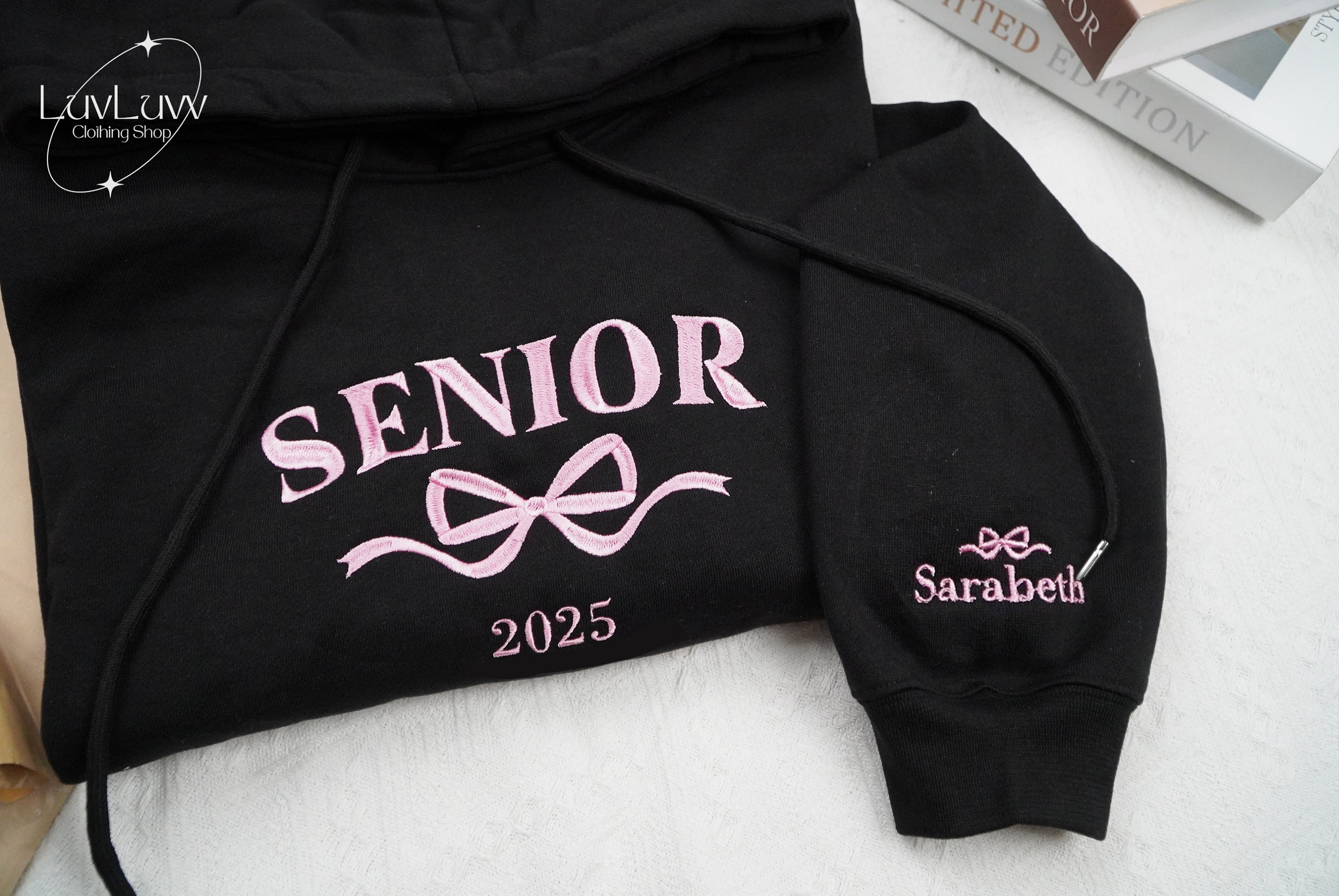 Embroidered Personalized Senior Coquette Bow Sweatshirt, Custom Graduation Sweatshirt, Class of 2025 Shirt, Personalized Senior Sweatshirt