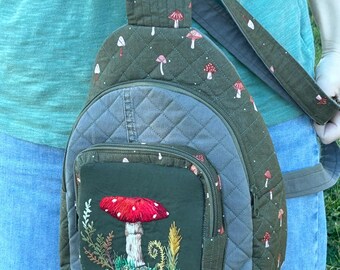Handmade Quilted Mushroom Backpack • Embroidered Amanita • Cottagecore Forest Bag