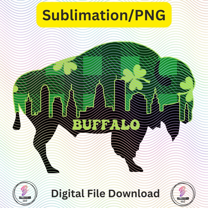 May include: A black silhouette of a buffalo with a green cityscape inside. The buffalo is outlined in black and white wavy lines. The text "BUFFALO" is written in green letters on the buffalo's body. The image is on a white background with a yellow banner at the top that says "Sublimation/PNG".