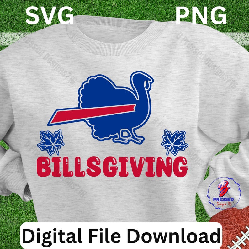 May include: A gray sweatshirt with a blue and red turkey graphic and the text "BILLSGIVING".