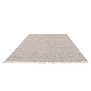 May include: A light gray area rug with a subtle woven pattern and a fringe border.