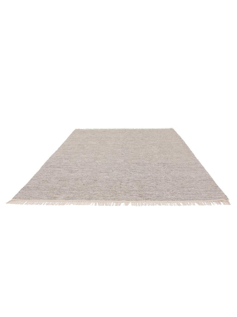 May include: A light gray area rug with a subtle woven pattern and a fringe border.