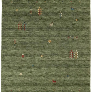 May include: A green area rug with a textured surface and a pattern of small, colorful geometric shapes and stylized animal figures. The rug features red, yellow, blue, and white accents, creating a decorative and inviting design.