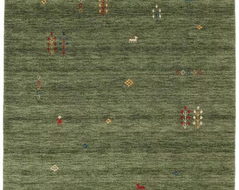 Handloom Gabbeh Grüner Wollteppich - Giza Color Individueller Boho Hochflor Teppich | Handgewebter und handgeknüpfter traditioneller Teppich
