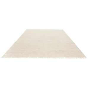 May include: A plain white rug with a fringed edge.