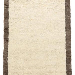 Plush Wool Border Rug | Thick Cream Shag Carpet with Taupe Frame | Minimalist Handwoven Soft Pile Rug | Cozy Neutral Boho Area Rug