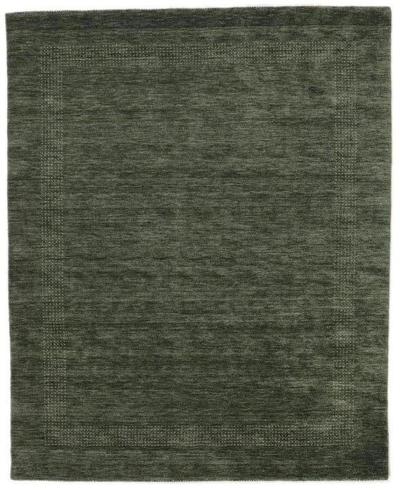Handloom Bordered Gabba Rug Green Wool Rug Handwoven Hand-Knotted High Pile Rug Traditional Weave Bohemian Carpet Custom Size Wool Area Rug