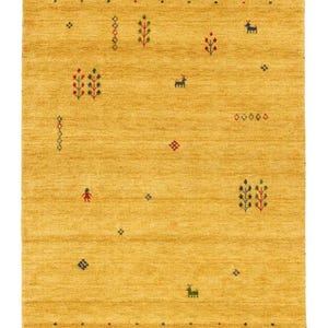 May include: A yellow rug with a geometric pattern of trees, deer, and other small designs. The rug has a subtle texture and a warm, inviting color.