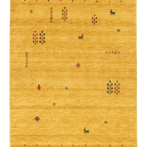 Dywan wełniany Gabbeh Giza w kolorze żółtym, tkany ręcznie, wiązany ręcznie, dywan z wysokim włosiem, tradycyjny splot, dywan Boho, dywan na zamówienie