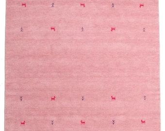 May include: A pink rug with a repeating pattern of small red stylized dogs and purple stylized trees.