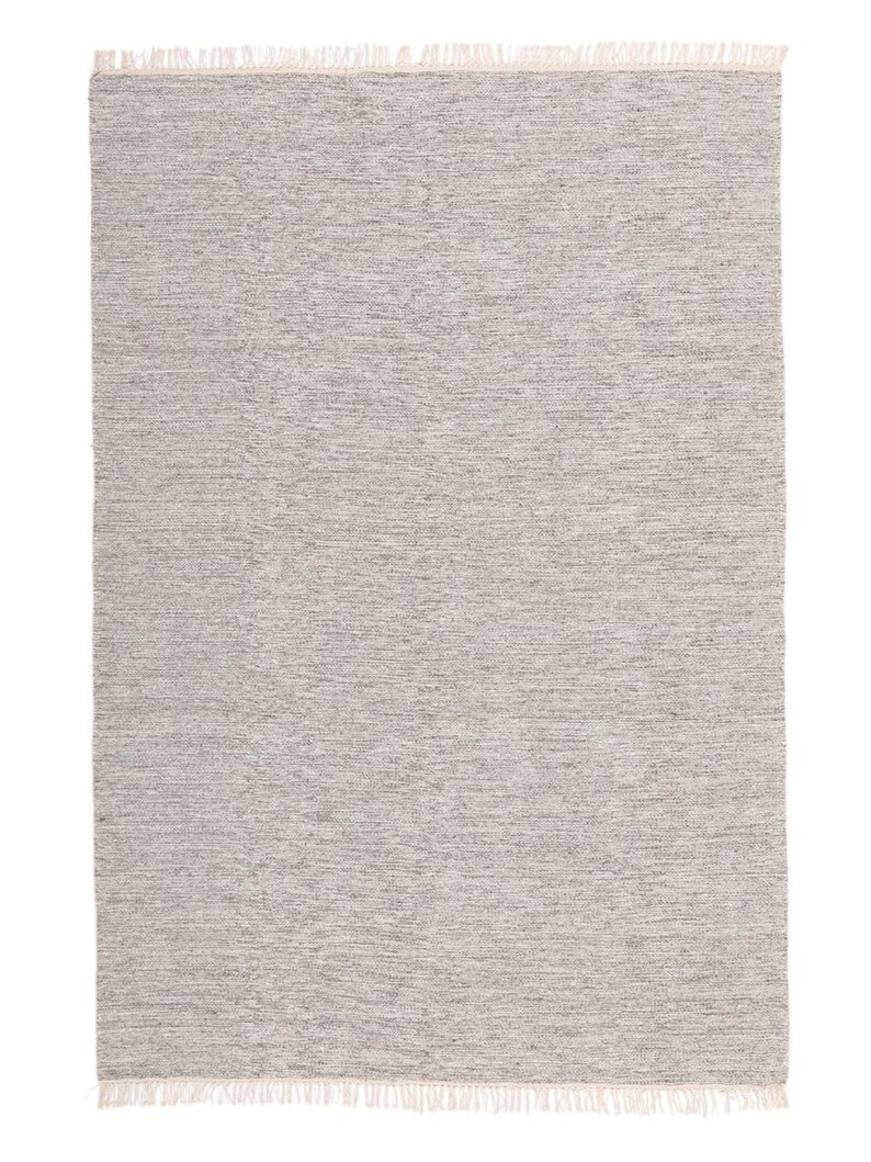 May include: A light gray area rug with a subtle woven texture and fringe edging.