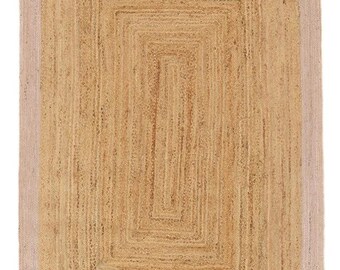 Tapis en jute naturel fait main, beige ivoire, tapis scandinave, bords des bordures, motif carré, tapis en jute, tissé à la main, respectueux de l'environnement, tapis 100 % fibres naturelles