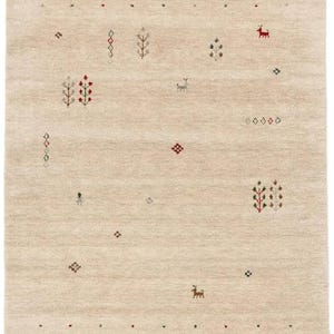 May include: A beige rug with a repeating pattern of small red, green, and blue diamonds along the top and bottom edges. The center of the rug features a scattered pattern of stylized trees and deer in shades of brown, green, and red.