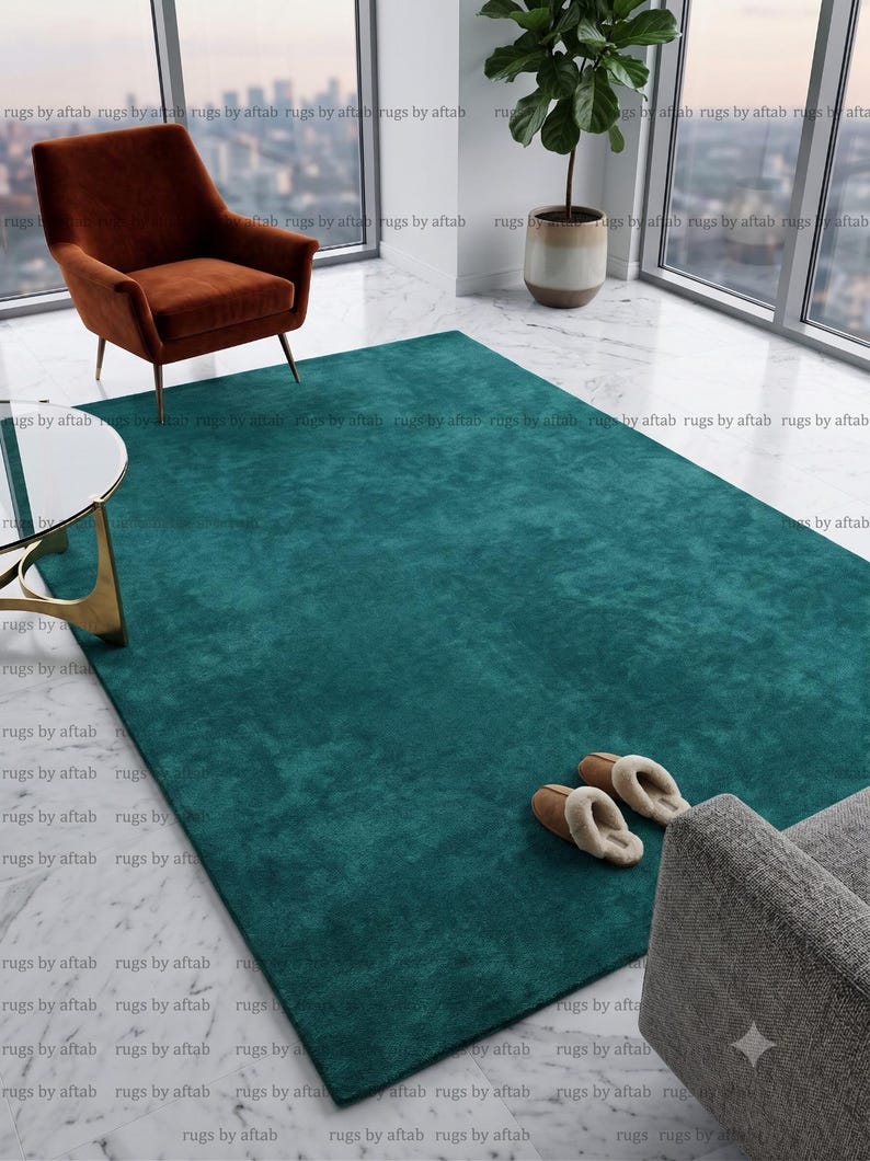Green Solid Pattern Rug Hand Tufted Solid Rug Teal Green Wool Large Area Living Room Carpet ...