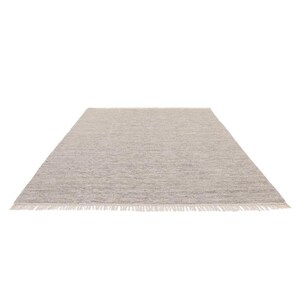 May include: A light gray area rug with a subtle woven pattern and a fringe border.