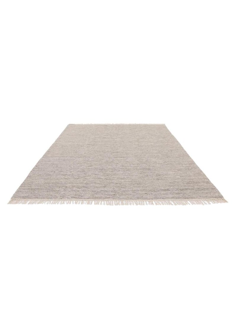 May include: A light gray area rug with a subtle woven pattern and a fringe border.