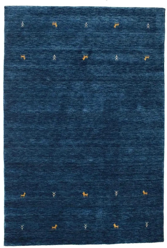 Handloom Gabbeh Loom Two-Line Dark Blue Wool Rug Handwoven Handknotted High Pile Rug Traditional Weave Bohemian Carpet Custom Size Wool Area