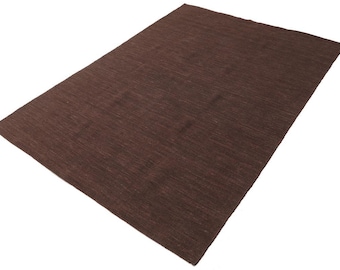 Handmade Handloom Dark Brown Wool Kilim Rug | Flatweave Bohemian Durrie Rug | Handwoven Wool Rug for Living Room | Custom Size