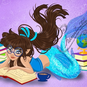 Bookworm Mermaid, Smart Mermaid, Mermaid illustration, Mermaid Art, Blue Mermaid