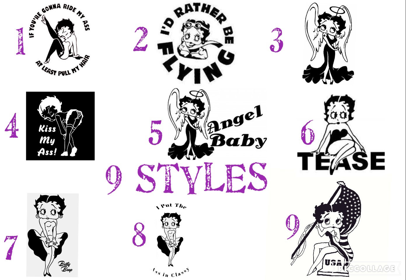 Betty Boop. Tease, USA, Ass in Classy, Angel Baby, pull my hair, Vinyl Aufkleber Laptop, Auto, Fenster, patriotischer Autoaufkleber, 9 Stile