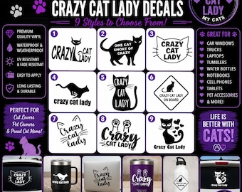 May include: A collection of nine black vinyl decals featuring cat-themed designs and text such as Crazy Cat Lady. The display includes examples of the decals applied to a mug, laptop, tumbler, water bottle, and car window, with color options below.