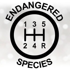 May include: A black and white graphic featuring a gear shift pattern inside a circle. The word "ENDANGERED" arcs above the circle, and "SPECIES" arcs below. The gear shift pattern includes numbers 1 through 5, and "R" for reverse.