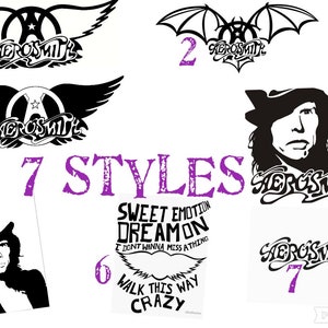Puede incluir: Una colección de siete diseños temáticos de Aerosmith en blanco y negro. Los diseños incluyen el logotipo de la banda con alas, alas de murciélago y retratos de miembros de la banda. También está presente el texto "7 STYLES".