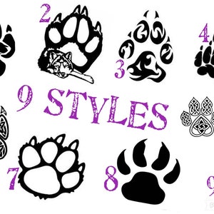 May include: Nine different styles of wolf paw prints in black on a white background. The paw prints are numbered 1 through 9. The text "9 STYLES" is in purple.