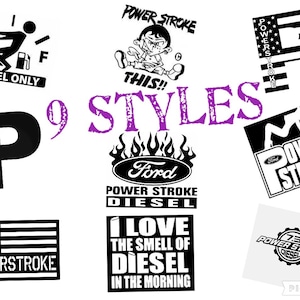 Puede incluir: Nueve diseños de calcomanías diferentes en blanco y negro con el texto "Power Stroke" y varios otros gráficos, incluido un logotipo de Ford, una figura de dibujos animados y una bandera estadounidense. El texto "9 Styles" está escrito en morado.