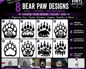 Könnte beinhalten: Eine schwarz-weiße Grafik mit 8 Bärenpfoten-Vinyl-Aufkleber-Designs. Das Bild enthält Text wie 78Queen Designs, 8 Bear Paw Designs und listet Merkmale wie wasserfest, wetterfest, UV-beständig und einfach anzubringen auf.