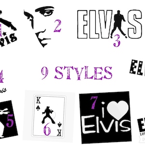 Puede incluir: Nueve estilos diferentes de diseños de Elvis Presley, que incluyen una silueta de Elvis tocando la guitarra, un primer plano de su rostro y un diseño de texto estilizado con la palabra "ELVIS".
