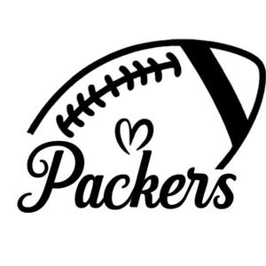 May include: Black and white graphic of a football with the word "Packers" in a cursive font. A heart shape is above the word. The football has the typical laces and stripes.