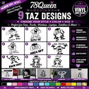 Op de afbeelding: Een collectie van negen zwarte vinylstickers met de Tasmaanse Duivel en diverse teksten waaronder Bite Me, Blow Me, Rack Off, No Fear, Back Off, Here Comes Trouble en Dirty Mean & Nasty, weergegeven op een zwarte achtergrond.