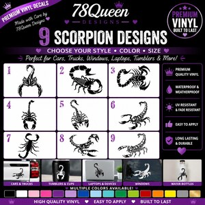 以下が含まれることがあります： 78Queen Designsによる9種類の黒いサソリのビニールデカールコレクション。画像には、番号付きのサソリのシルエット、車、タンブラー、ノートパソコン、窓への貼り付け例、および下部にカラーパレットが表示されています。
