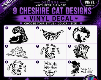 May include: A collection of nine black vinyl decals featuring Cheshire Cat designs and the text "We're All Mad Here" in various fonts and styles. The graphic includes a numbered grid displaying different illustrations of the cat, top hats, and tea party elements, all presented on a dark purple background with branding text.