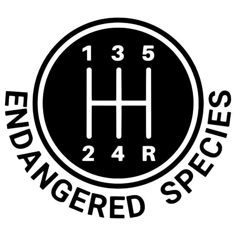 May include: Black and white graphic of a gear shift pattern with the numbers 1, 2, 3, 4, 5, and R. The words "ENDANGERED SPECIES" are in a circular pattern around the gear shift.