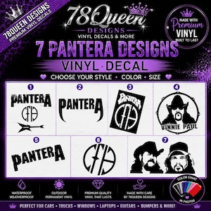 Op de afbeelding: Een verzameling van zeven zwarte Pantera vinylstickers met bandlogo's, het CFH-symbool, een gitaar en portretten van Vinnie Paul en Dimebag Darrell. De afbeelding bevat de tekst 78Queen Designs, Vinyl Decals & More en 7 Pantera Designs.