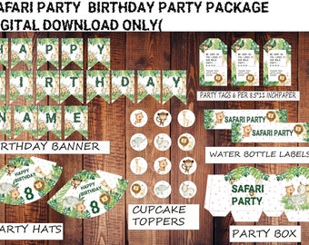 May include: A digital download package for a safari-themed birthday party. The package includes a banner, party hats, cupcake toppers, water bottle labels, party tags, and a party box. The design features a green, brown, and white color scheme with animal illustrations.