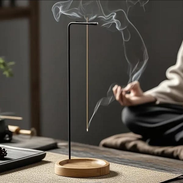 Porta incienso con base de madera y soporte de metal