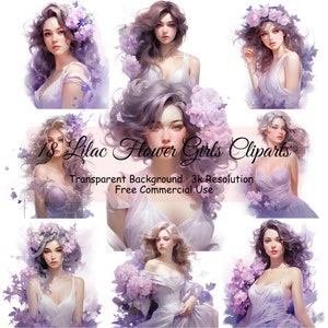 18 Lilac Flower Girls Watercolor Bundle, Transparent PNG, Digital Download, Junk Journal Scrapbooking, Portrait Clipart, Commercial - 2183PC